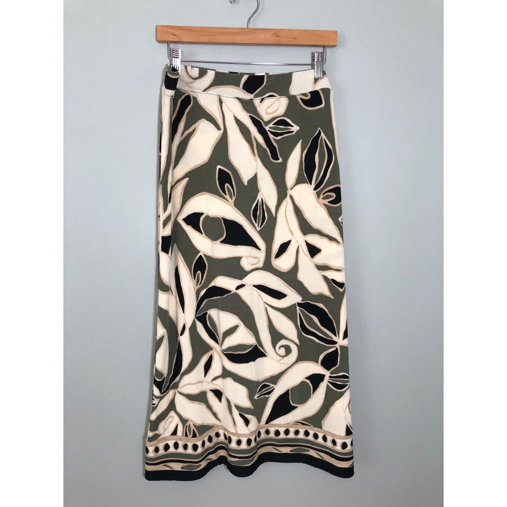 Chico's Maxi Skirt Women 2 Large Green Abstract Leaf Print Elastic Waist Stretch